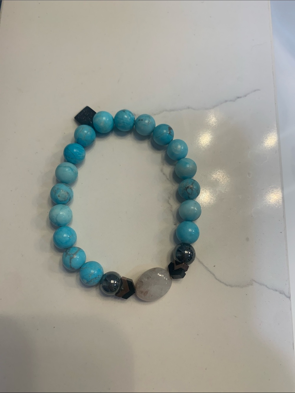 Turquoise Beaded Stretch Bracelet with Hematite and Agate Accent